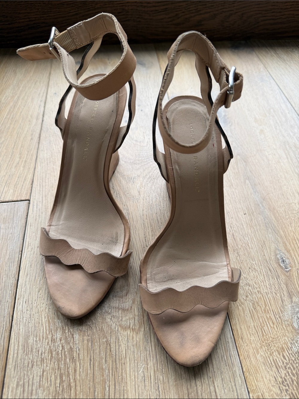 Loeffler Randall Emi Nude Leather Scalloped
Wedge Sandals Ankle Strap Tan Size 8